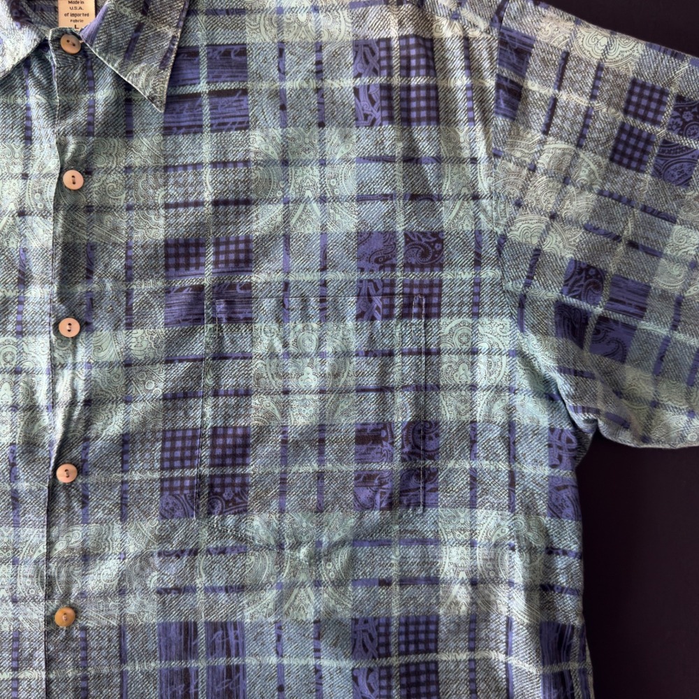 Vintage 90's Tori Richard Shirt Mens Large Blue Green Cotton Lawn Hawaiian Plaid - Picture 9 of 9
